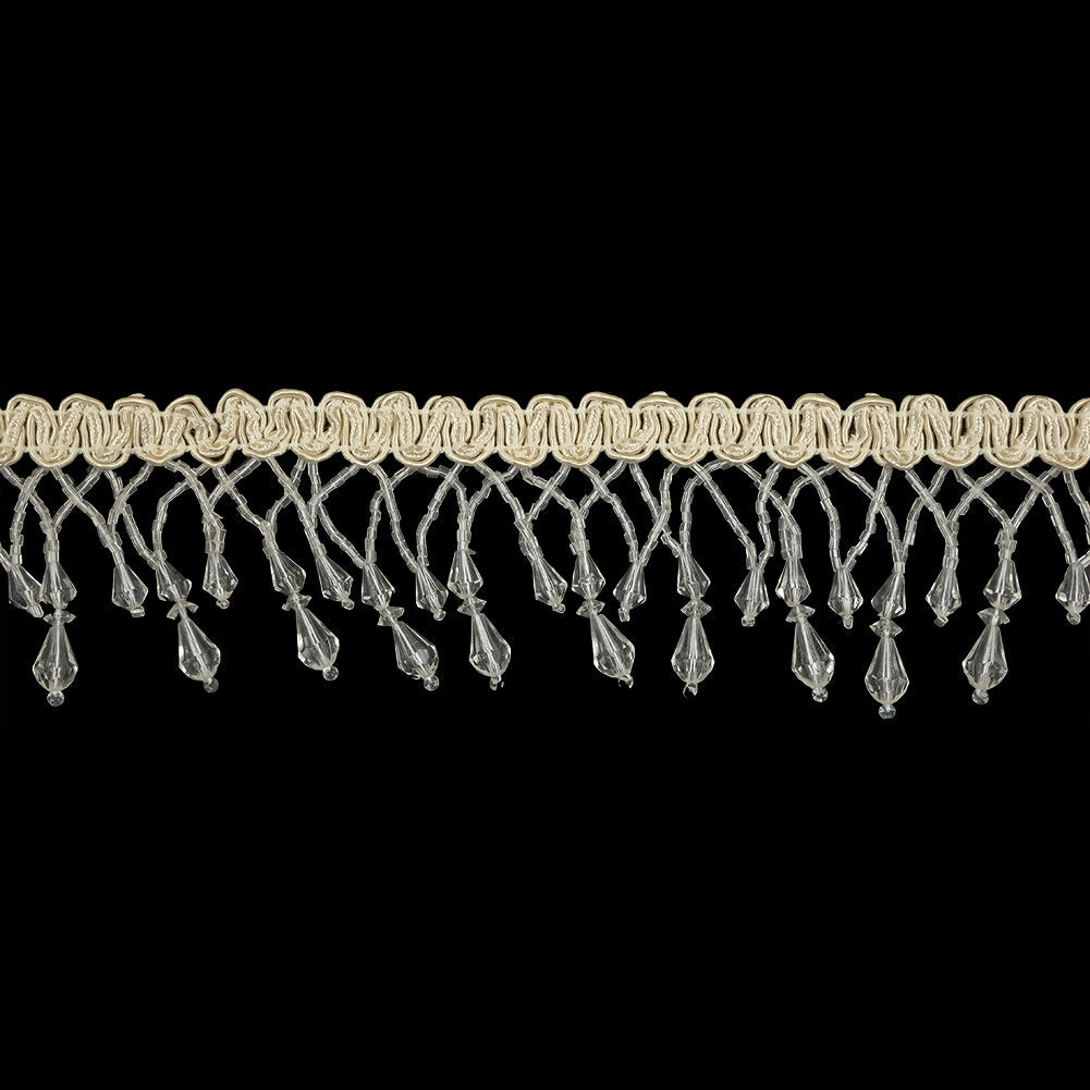 Vintage Crystal Fancy Beaded Fringe on Ivory Braid - 2.25"