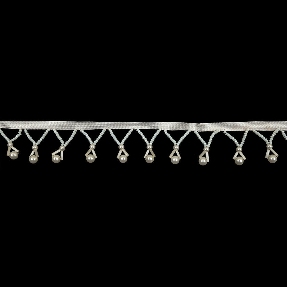 Vintage Pearlescent White and Ivory Round, Seed and Bugle Beaded Fringe Trim - 1.25"