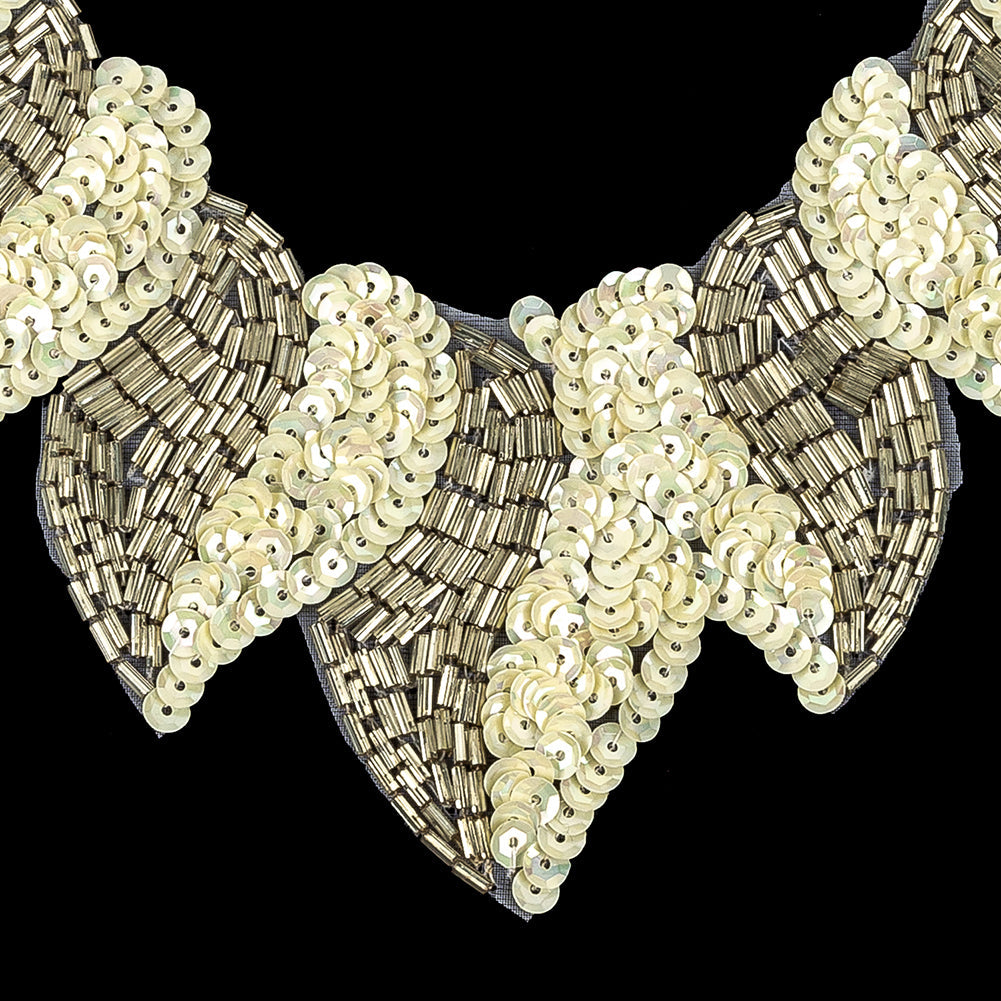 Vintage Fancy White Sequins and Bugle Beaded Neckline Applique - 7.625" x 7.75"