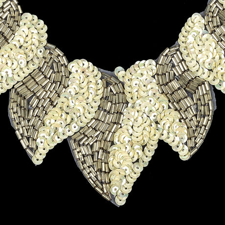Vintage Fancy White Sequins and Bugle Beaded Neckline Applique - 7.625" x 7.75"