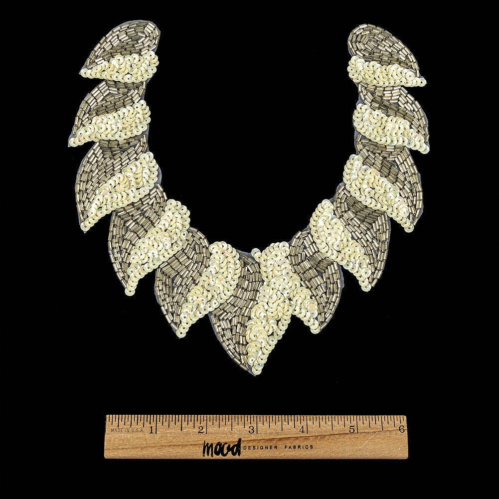 Vintage Fancy White Sequins and Bugle Beaded Neckline Applique - 7.625" x 7.75"