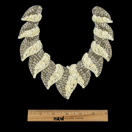 Vintage Fancy White Sequins and Bugle Beaded Neckline Applique - 7.625" x 7.75"