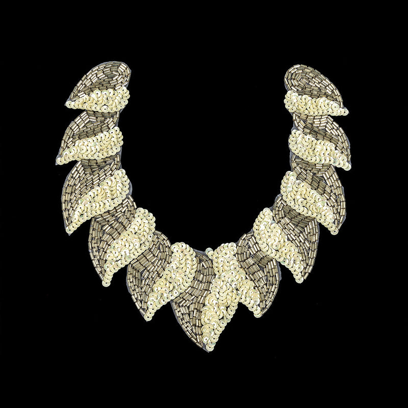 Vintage Fancy White Sequins and Bugle Beaded Neckline Applique - 7.625" x 7.75"