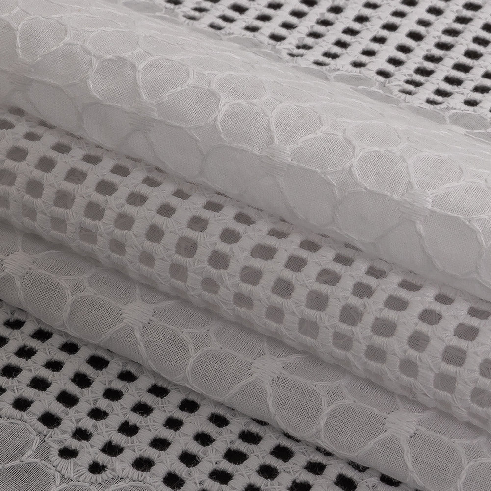 White Floral Embroidered Cotton Voile with Gridded Guipure Lace Stripes