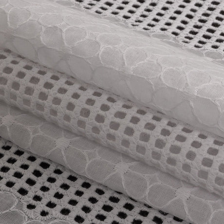 White Floral Embroidered Cotton Voile with Gridded Guipure Lace Stripes