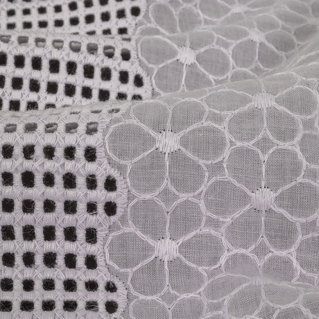 White Floral Embroidered Cotton Voile with Gridded Guipure Lace Stripes