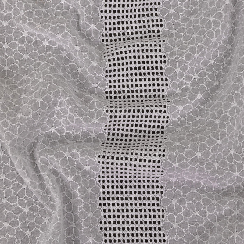 White Floral Embroidered Cotton Voile with Gridded Guipure Lace Stripes