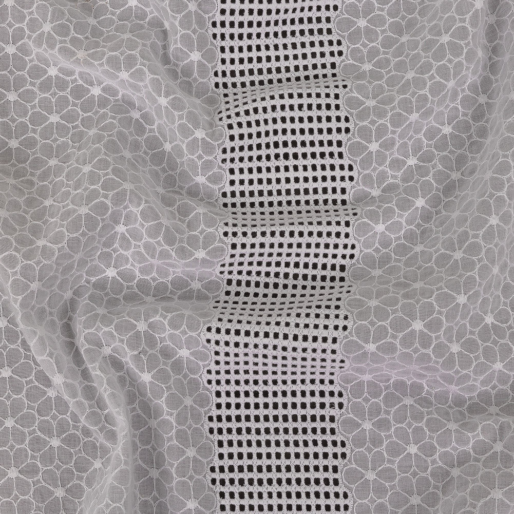 White Floral Embroidered Cotton Voile with Gridded Guipure Lace Stripes
