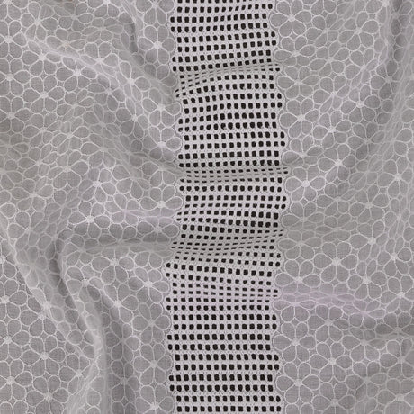 White Floral Embroidered Cotton Voile with Gridded Guipure Lace Stripes