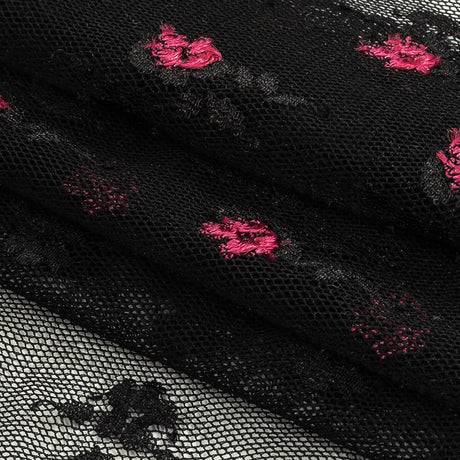 Black Stretch Mesh with Pink Embroidered Roses