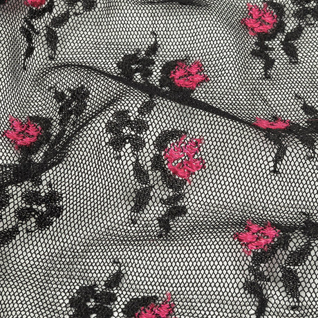 Black Stretch Mesh with Pink Embroidered Roses