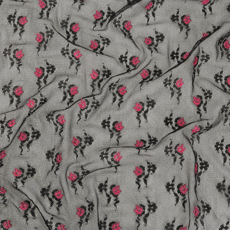 Black Stretch Mesh with Pink Embroidered Roses