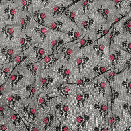 Black Stretch Mesh with Pink Embroidered Roses