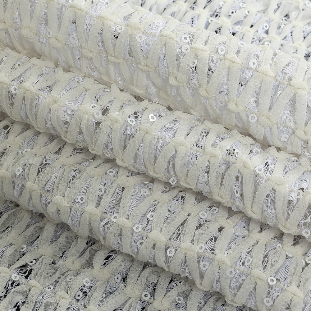 White Stretch Sequinned Floral Lace with Chevron Ribbon Detailing