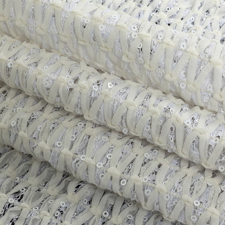White Stretch Sequinned Floral Lace with Chevron Ribbon Detailing