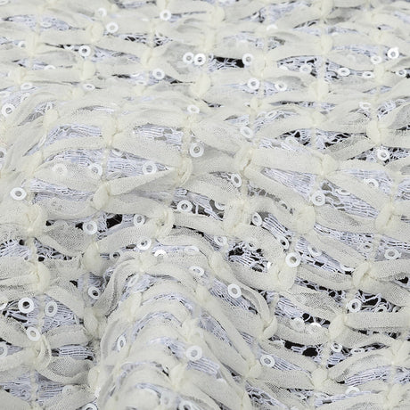 White Stretch Sequinned Floral Lace with Chevron Ribbon Detailing