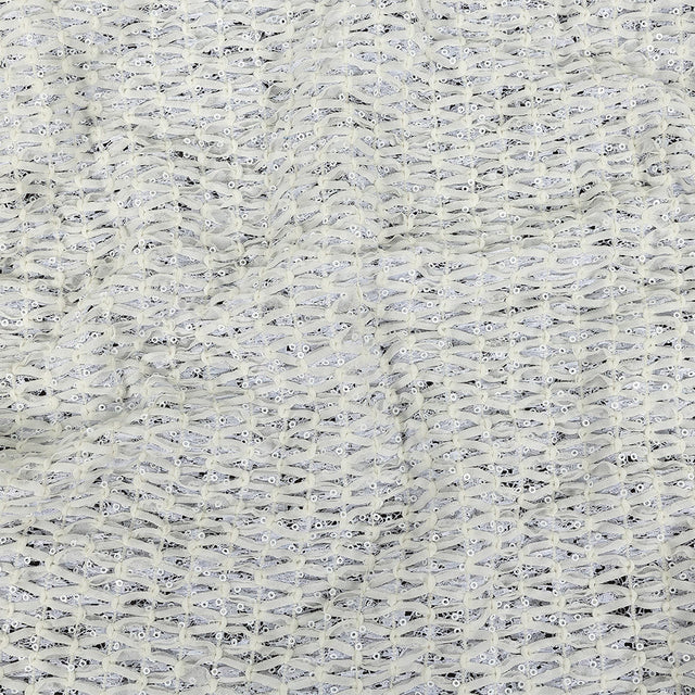 White Stretch Sequinned Floral Lace with Chevron Ribbon Detailing