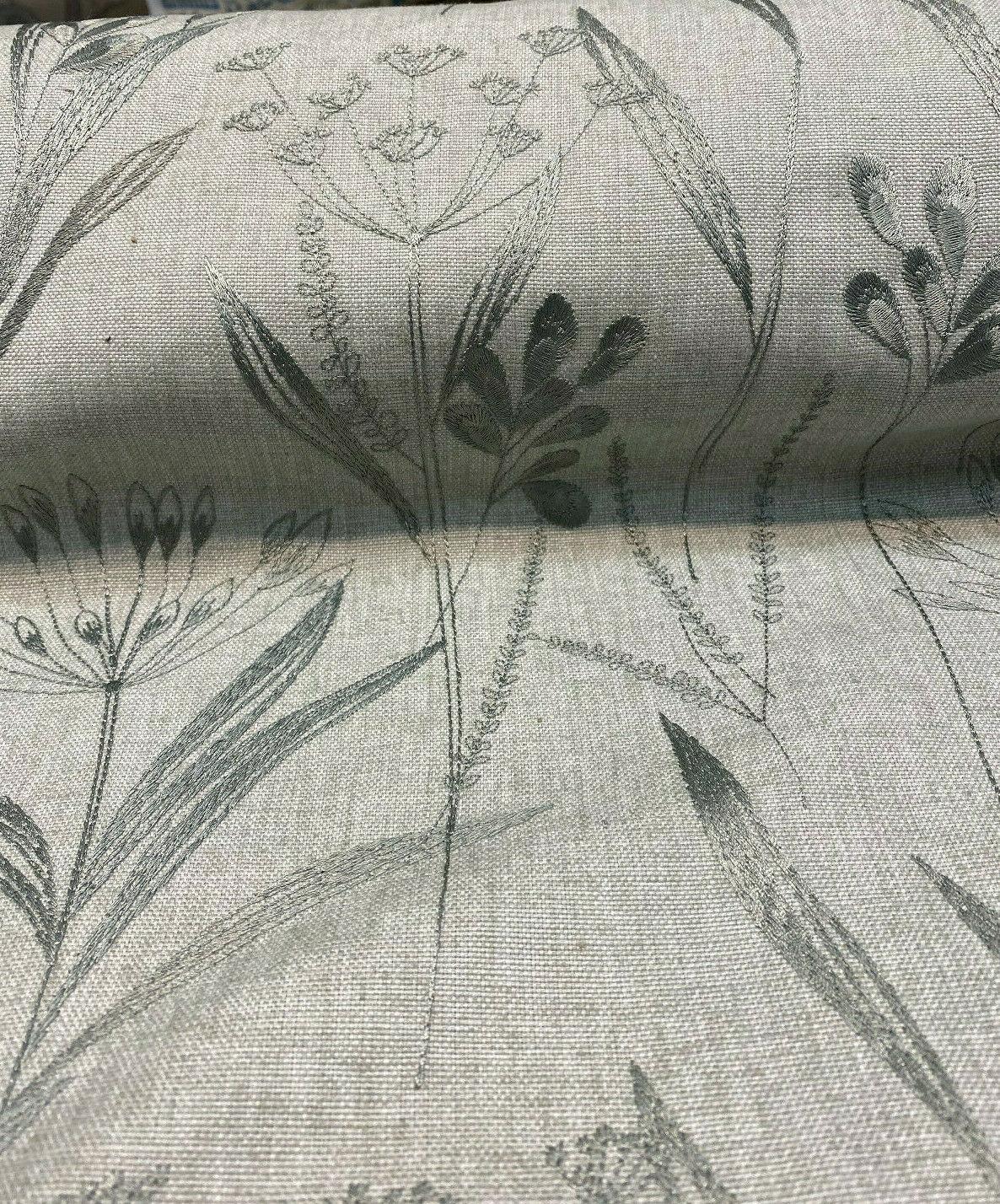 Lau Blue Cactus Embroidered Floral Linen Fabric - Blue Cactus Embroidered Floral, 54" Width, 12.5" Vertical Repeat (1 Yard)