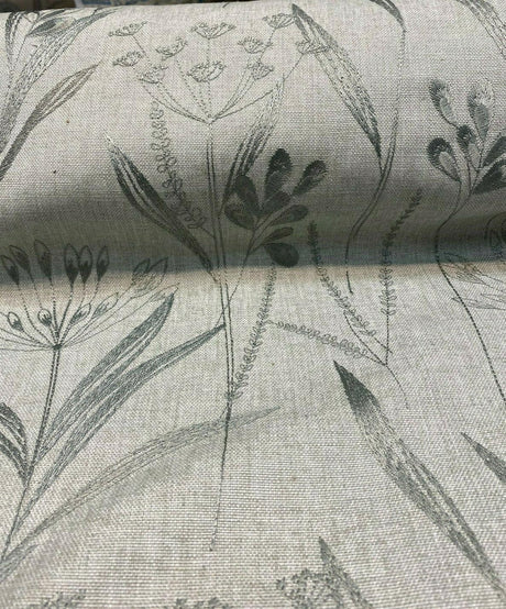 Lau Blue Cactus Embroidered Floral Linen Fabric - Blue Cactus Embroidered Floral, 54" Width, 12.5" Vertical Repeat (1 Yard)