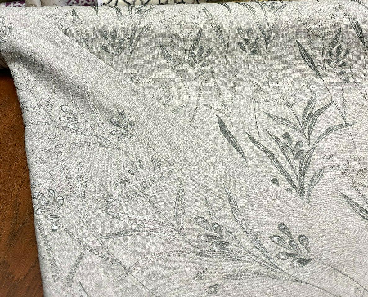 Lau Blue Cactus Embroidered Floral Linen Fabric - Blue Cactus Embroidered Floral, 54" Width, 12.5" Vertical Repeat (1 Yard)