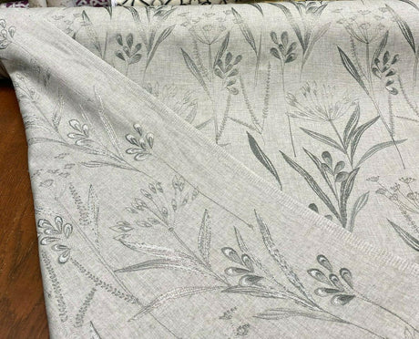 Lau Blue Cactus Embroidered Floral Linen Fabric - Blue Cactus Embroidered Floral, 54" Width, 12.5" Vertical Repeat (1 Yard)