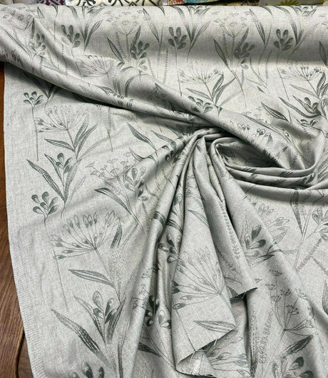 Lau Blue Cactus Embroidered Floral Linen Fabric - Blue Cactus Embroidered Floral, 54" Width, 12.5" Vertical Repeat (1 Yard)