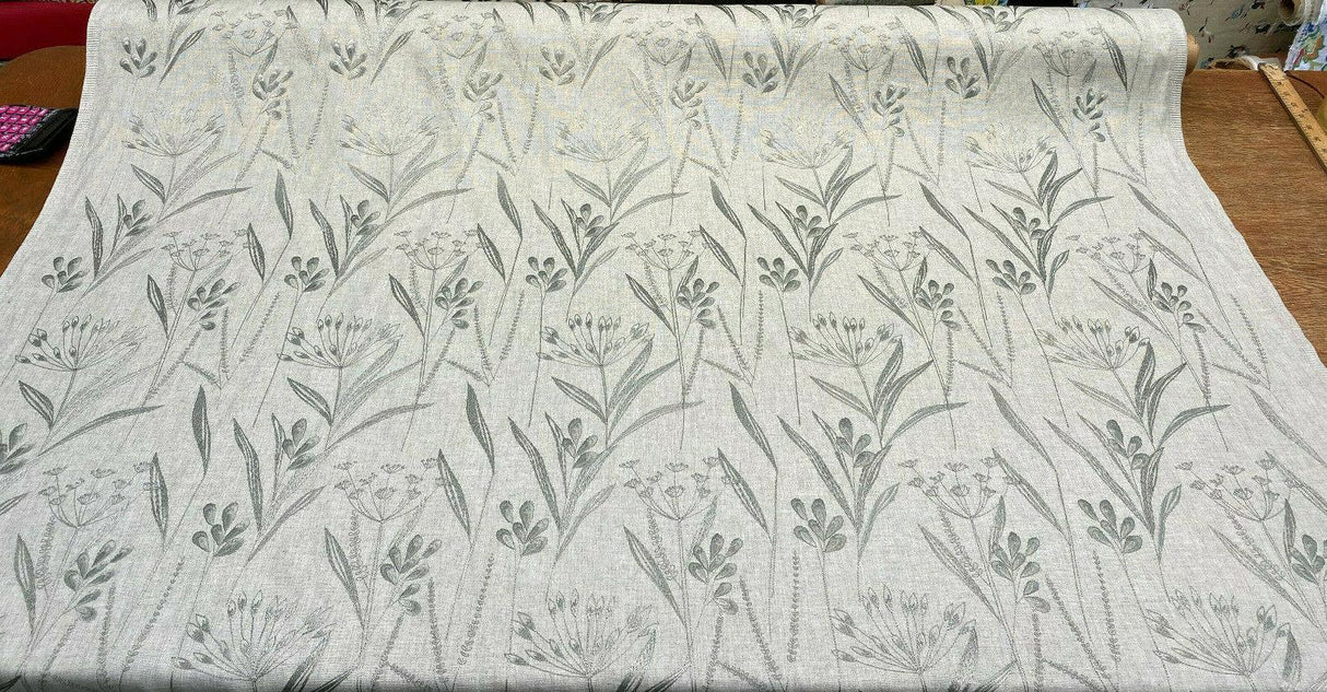 Lau Blue Cactus Embroidered Floral Linen Fabric - Blue Cactus Embroidered Floral, 54" Width, 12.5" Vertical Repeat (1 Yard)