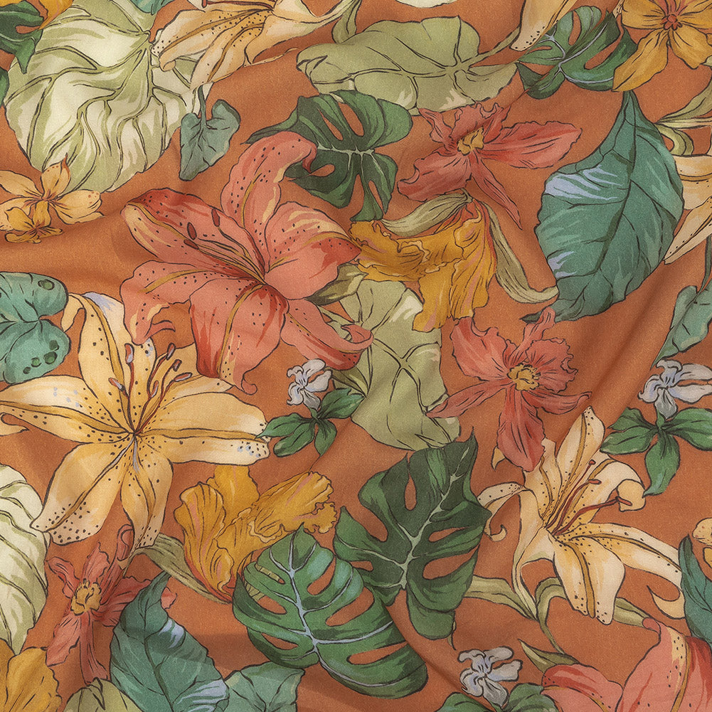 Tangerine and Celadon Tint Floral Viscose Batiste