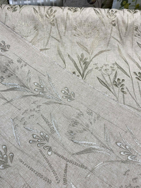 Lau Linen Flax Embroidered Floral Fabric - Flax Embroidered Floral, 54" Width (1 Yard)