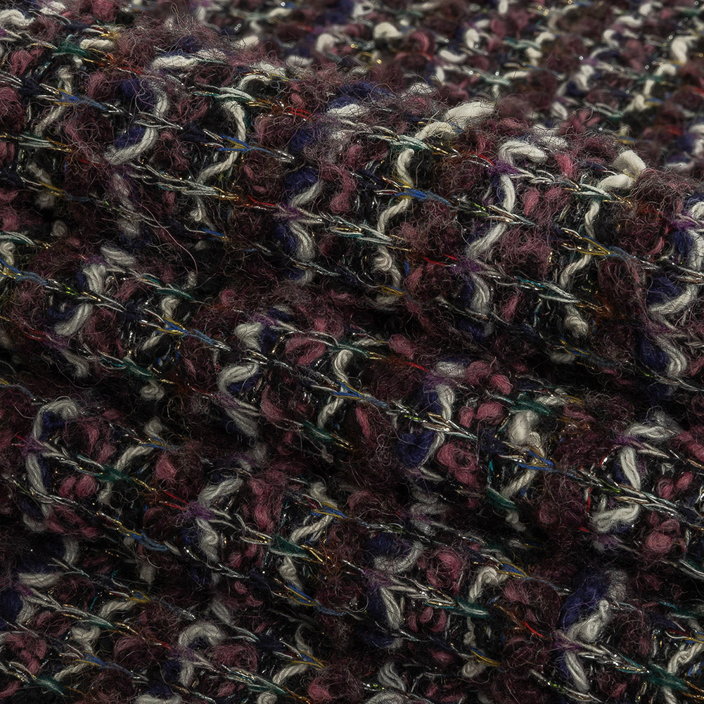 Rose, Eggplant and Metallic Silver Loopy Wool Sweater Knit