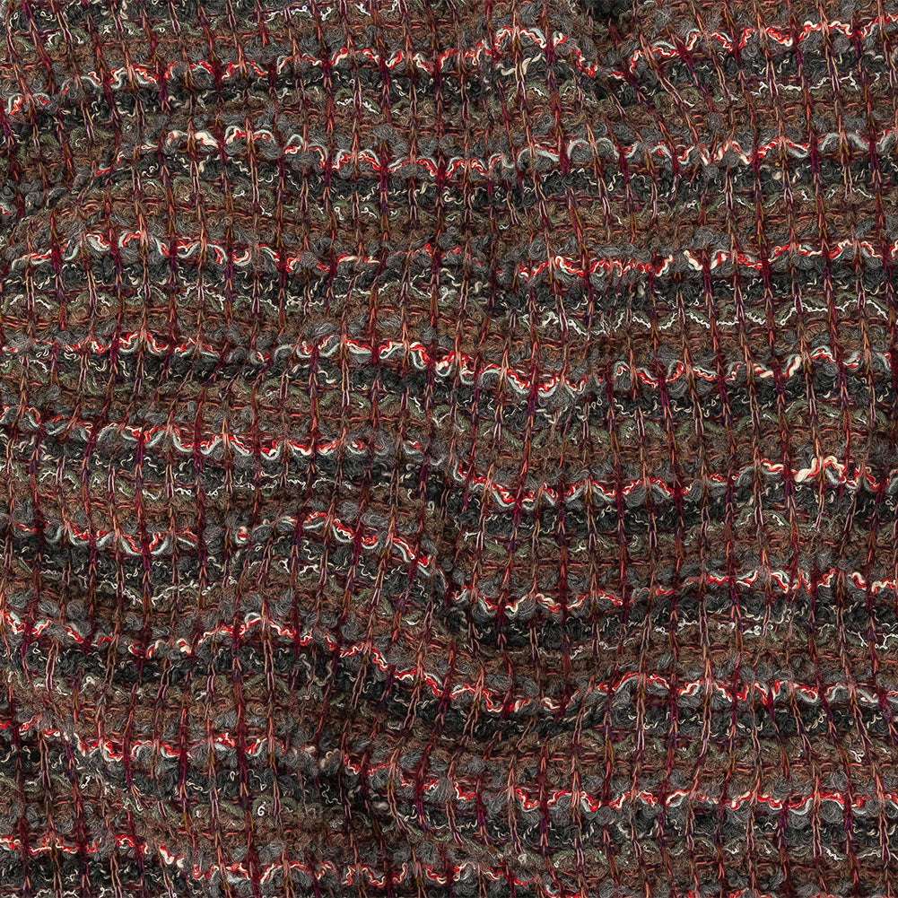 Dark Gull Gray, Golden Olive and Coral Stripes Boucled Wool Sweater Knit