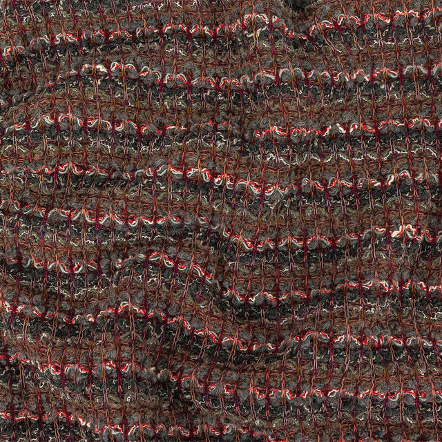 Dark Gull Gray, Golden Olive and Coral Stripes Boucled Wool Sweater Knit