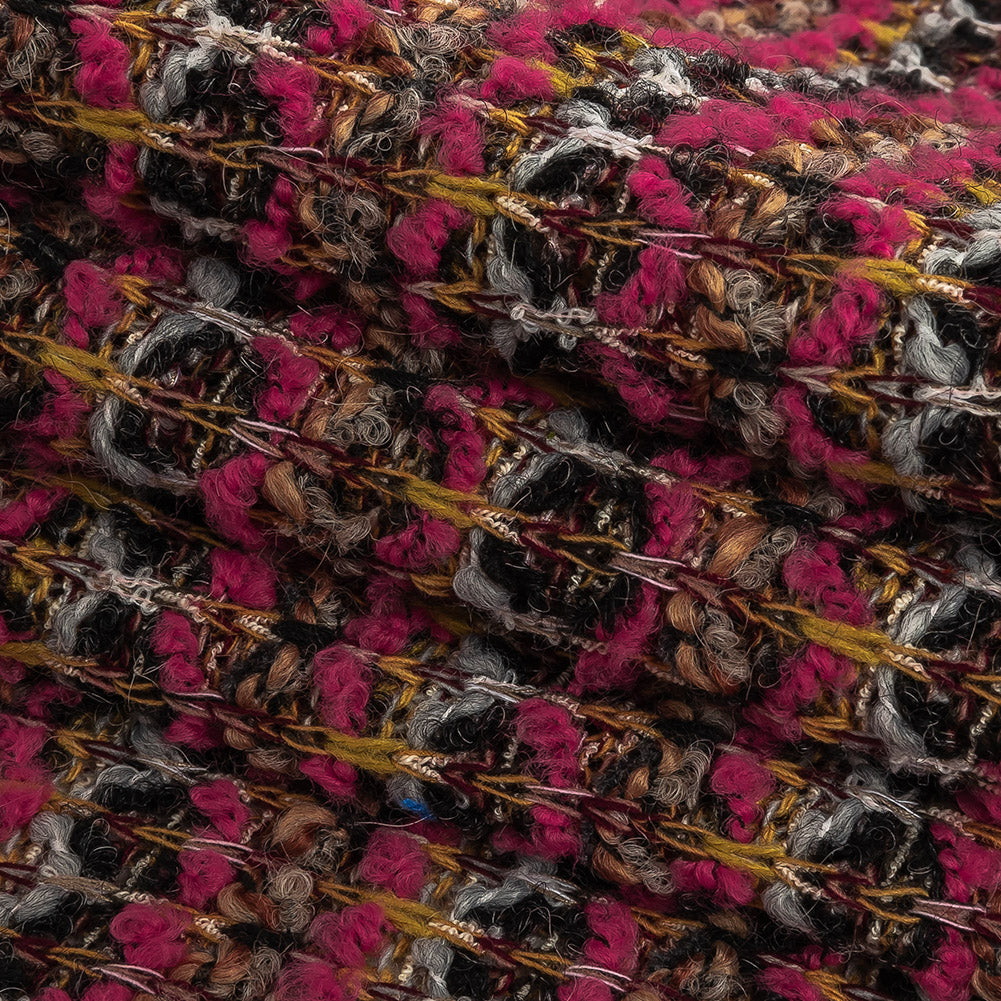 Italian Hot Pink, Gray and Mustard Stripes Wool Boucle Sweater Knit