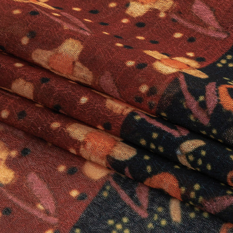 Famous NYC Designer Red, Orange, and Navy Floral Stripes Polyester Georgette