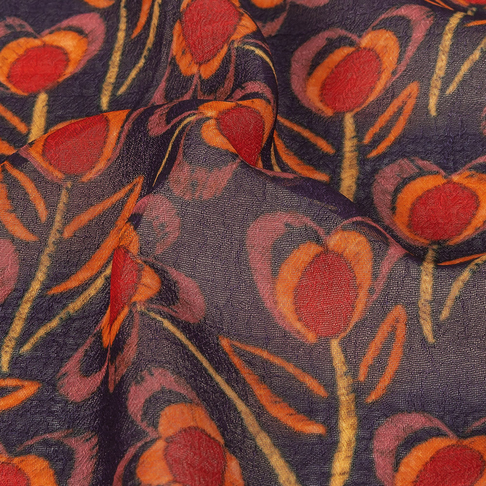 Famous NYC Designer Red, Orange, and Navy Floral Stripes Polyester Georgette