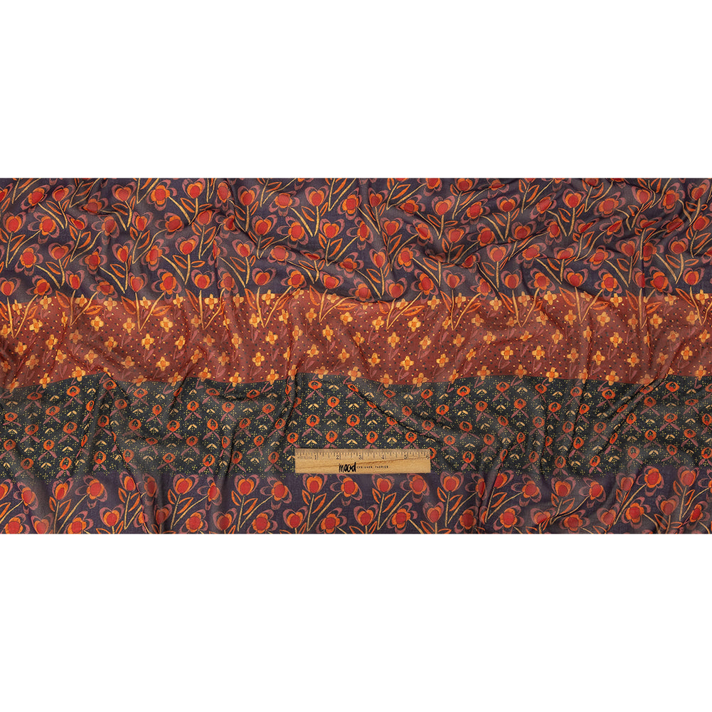Famous NYC Designer Red, Orange, and Navy Floral Stripes Polyester Georgette