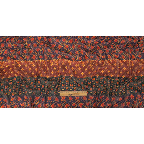 Famous NYC Designer Red, Orange, and Navy Floral Stripes Polyester Georgette