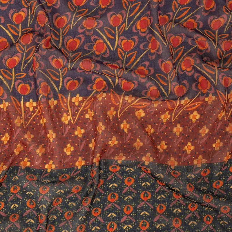 Famous NYC Designer Red, Orange, and Navy Floral Stripes Polyester Georgette