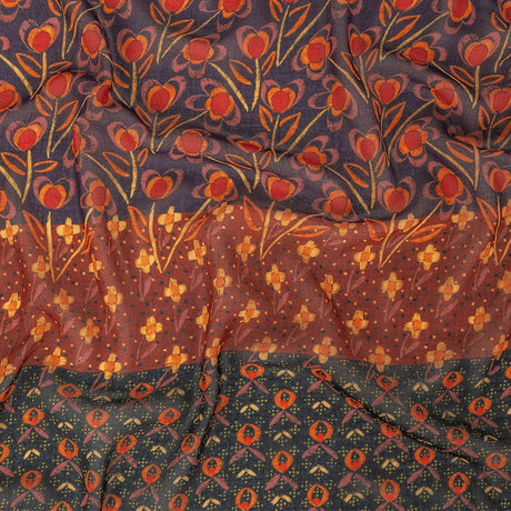 Famous NYC Designer Red, Orange, and Navy Floral Stripes Polyester Georgette
