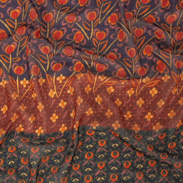 Famous NYC Designer Red, Orange, and Navy Floral Stripes Polyester Georgette