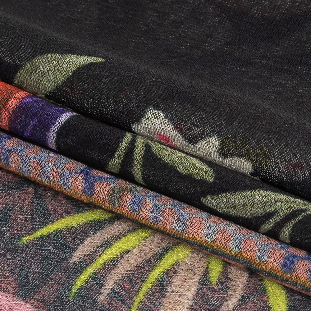 Famous NYC Designer Black, Pink, and Green Lovebirds and Florals Polyester Georgette Panel