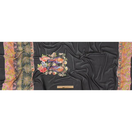 Famous NYC Designer Black, Pink, and Green Lovebirds and Florals Polyester Georgette Panel