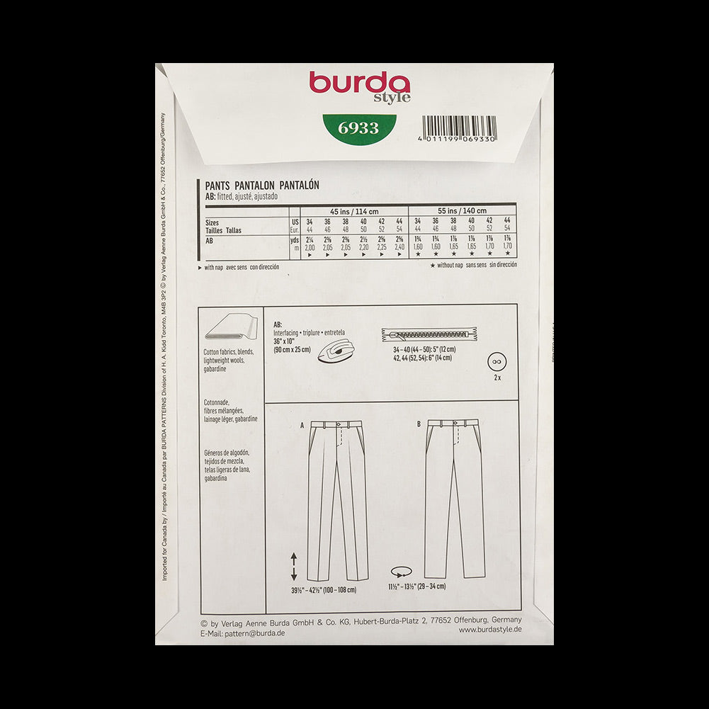 Burda Men's Pants Pattern 6933 Size US 34-44