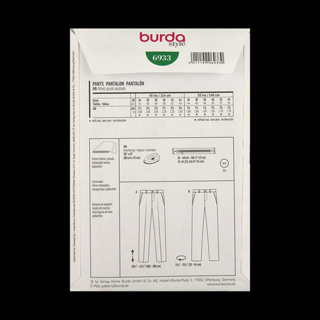 Burda Men's Pants Pattern 6933 Size US 34-44