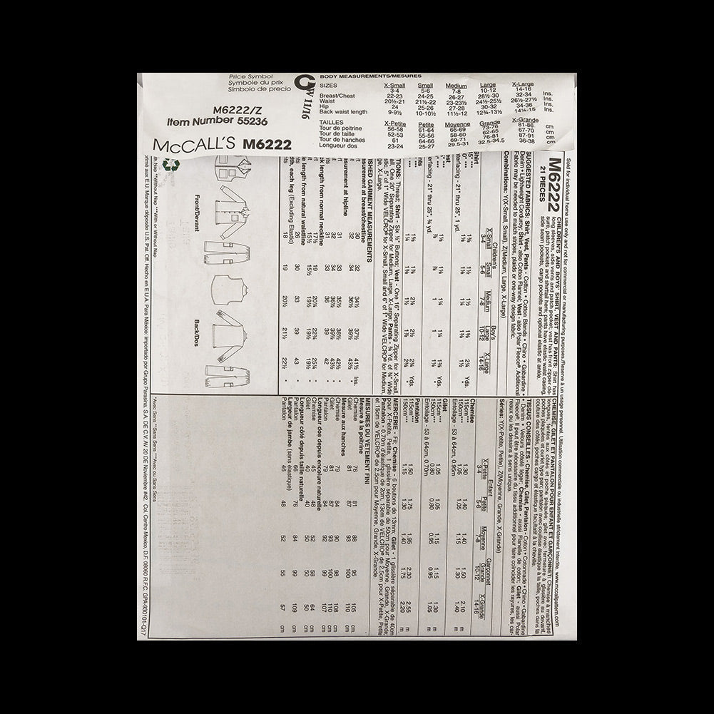 McCall's Boy's Shirt, Vest and Pants Pattern M6222 Size Z (MED-LRG-XLG)