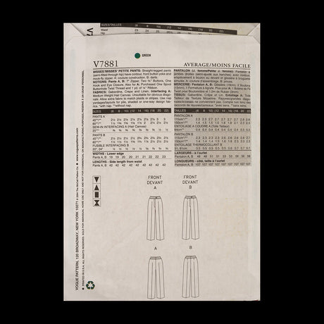 Vogue Misses' Pants Pattern V7881 Sizes 6,8,10