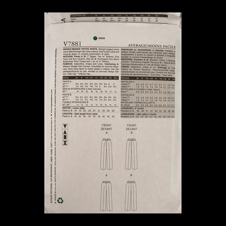 Vogue Misses' Pants Pattern V7881 Sizes 18,20,22
