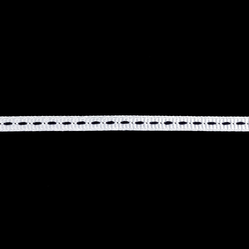 White Grosgrain Ribbon with Navy Stitching - 0.25"