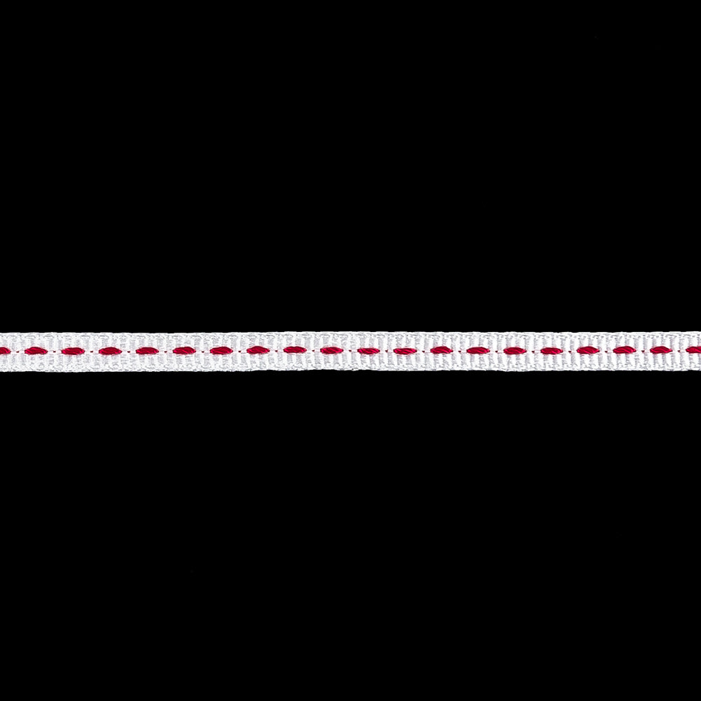 White Grosgrain Ribbon with Pink Stitching - 0.25"