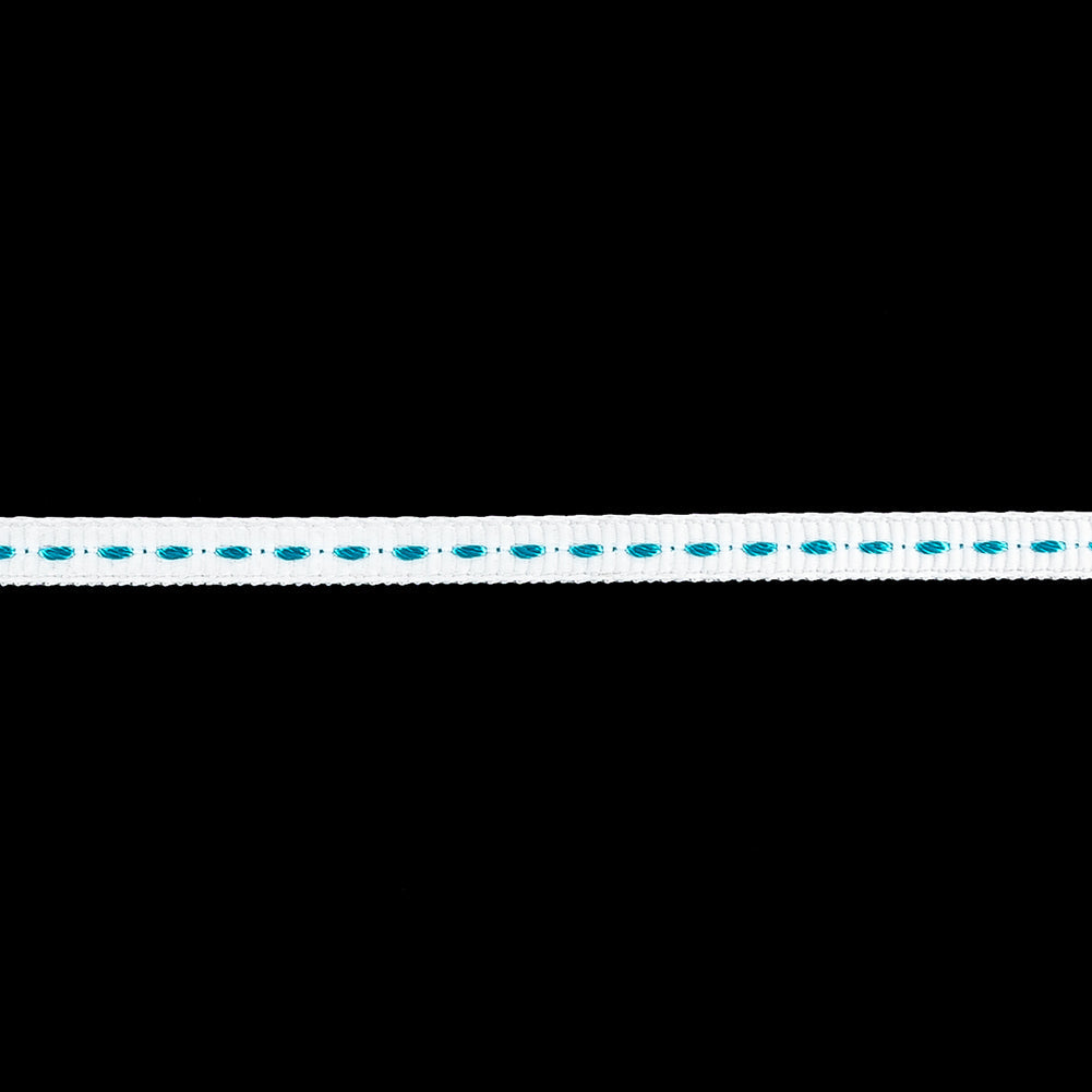 White Grosgrain Ribbon with Turquoise Stitching - 0.25"